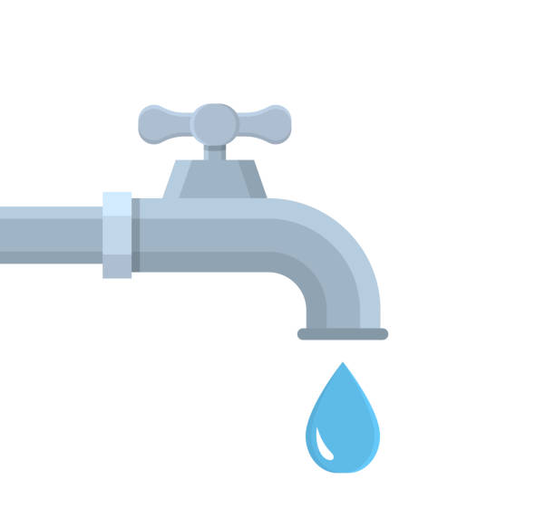 ilustrações de stock, clip art, desenhos animados e ícones de water tap. water faucet with drop. flat tap with pipe and drip. turn spigot of flow. icon for house, economize and bathroom. watertap isolated on white background. vector - faucet water pipe water symbol