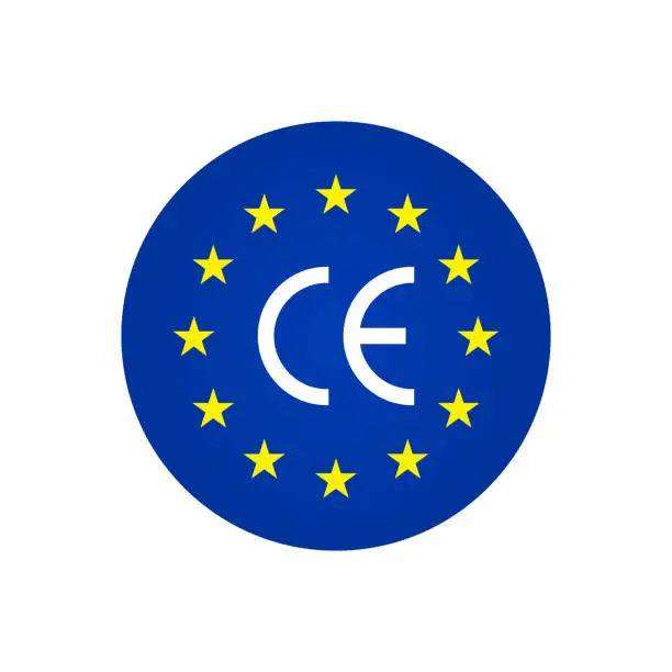 Vector illustration of CE europe logo. CE europe mark. European certificate. Icon of eu manufacturer. Symbol of european made, quality and standard. Euro stamp, label, emblem for packaging of product. Vector