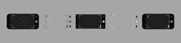Camera in phone. Horizontal photo camera on screen of mobile with interface. UI for selfie in smartphone. App for photo and record video in cellphone. Icons of focus, frame, flash, zoom, grid. Vector Camera in phone. Horizontal photo camera on screen of mobile with interface. UI for selfie in smartphone. App for photo and record video in cellphone. Icons of focus, frame, flash, zoom, grid. Vector. film camera overlay stock illustrations