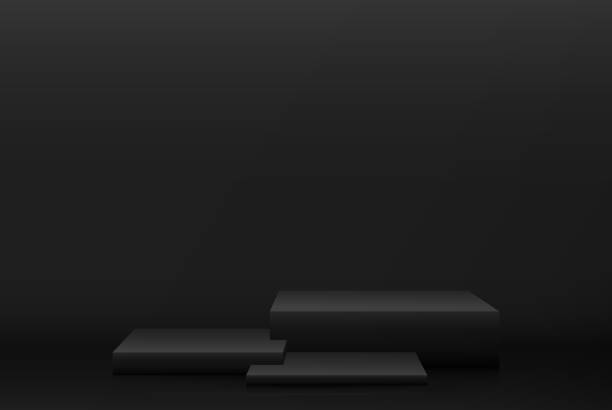 istock Product showcase with black stand podium on dark room background. Use as montage for product display 1393765849