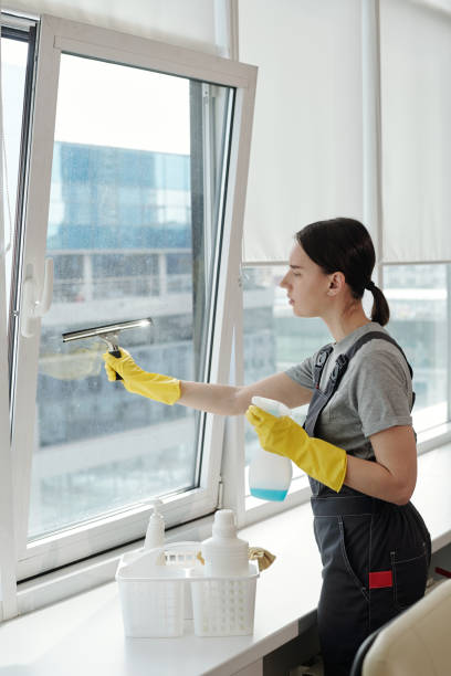 Young female cleaner spraying detergent on window and rubbing it with spatula
