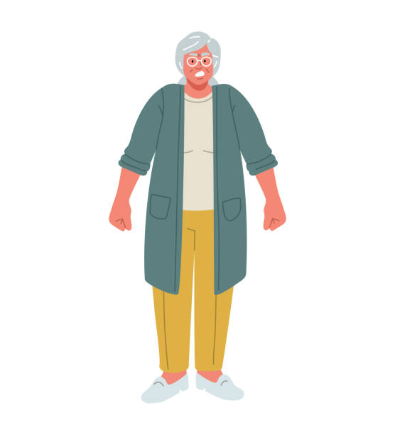 Angry senior woman in aggressive full body pose.Cartoon style Angry elderly woman isolated on white background.Old lady with frustrated face expression in aggressive full body pose with clenched fists .Vector flat illustration in cartoon style sad old woman stock illustrations