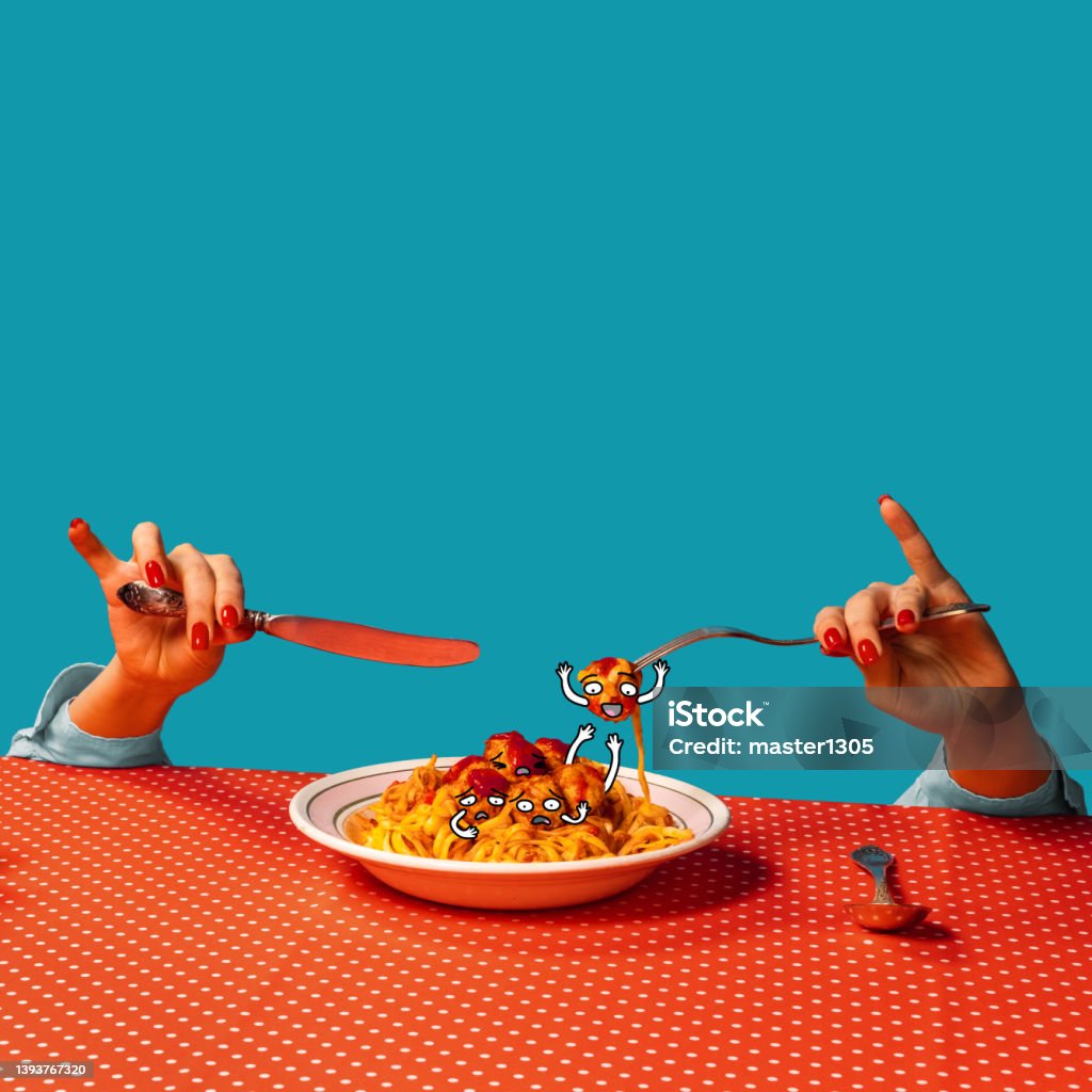 Food pop art photography. Female hands tasting spaghetti with meatballs on plaid tablecloth isolated on bright blue background. Cartoon, vintage, retro style interior Food pop art. Female hands tasting spaghetti with meatballs with funny drawings isolated on bright blue and red background. Cartoon, vintage, retro style interior. Complementary colors, Copy space for ad, text Abstract Stock Photo