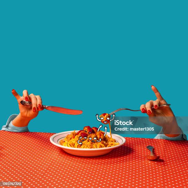 Food Pop Art Photography Female Hands Tasting Spaghetti With Meatballs On Plaid Tablecloth Isolated On Bright Blue Background Cartoon Vintage Retro Style Interior Stock Photo - Download Image Now