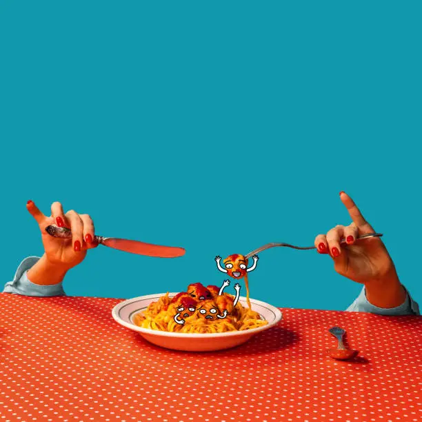 Photo of Food pop art photography. Female hands tasting spaghetti with meatballs on plaid tablecloth isolated on bright blue background. Cartoon, vintage, retro style interior