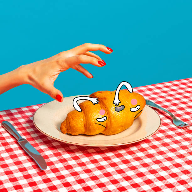 istock Female hand tasting crispy croissant on plaid tablecloth isolated on bright blue background. Vintage, retro style interior. Food pop art photography. 1393767338