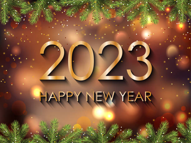 Golden text 2023 Happy New Year greeting card, calendar, invitation, holiday background. Vector illustration. Golden text 2023 Happy New Year greeting card, calendar, invitation. new years day stock illustrations
