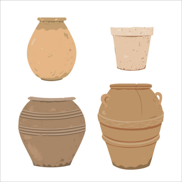 Old clay pot. Antique terracotta pottery, design element for home or patio decor. Vector illustration isolated on white