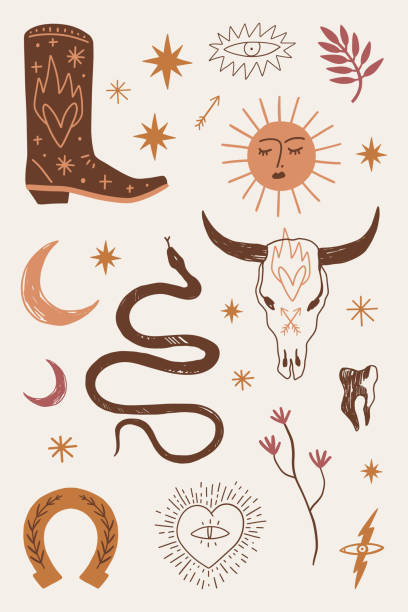 ilustraciones, imágenes clip art, dibujos animados e iconos de stock de western boho cowgirl set blogger vector stickers pack salvaje oeste - cowgirl