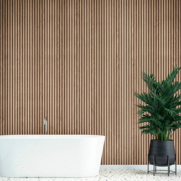 istock Empty elegant bathroom interior with natural wood paneled wall background and potted plant (palm tree) 1393772683