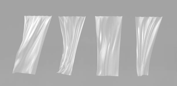 istock White window silk curtains. Realistic set of billowing satin fabric isolated on grey background. Soft lightweight transparent material in blowing wind with drapery and folds. Realistic 3d render 1393774224