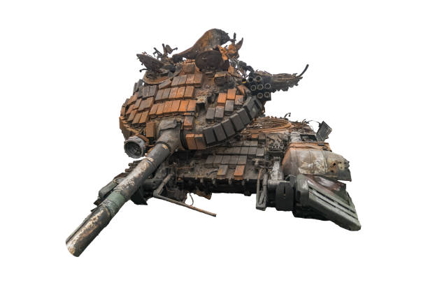 Destroyed burned tank T-72 isolated on white.