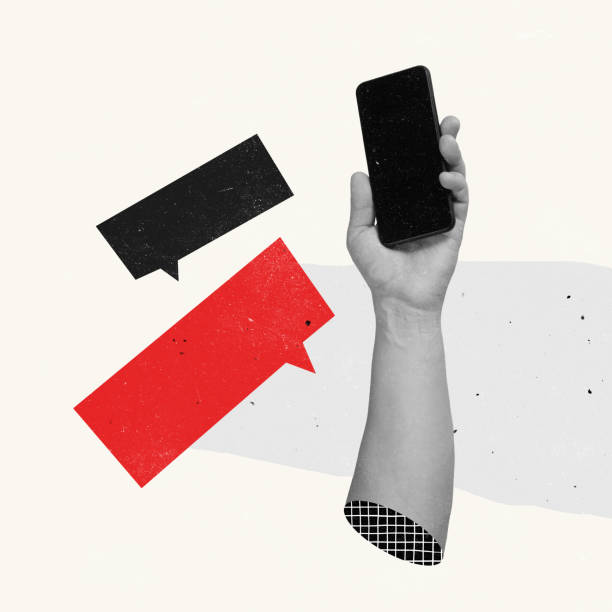 istock Contemporary art collage. Hand holding phone surrounded by text messages icons symbolizing online communication 1393776453