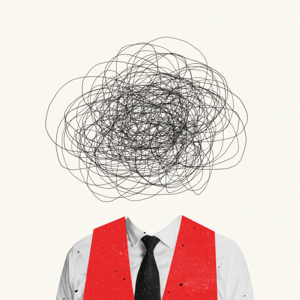 istock Contemporary art collage. Businessman with chaotic drawings instead head symbolizing active ideas generation, thoughtful look 1393776455