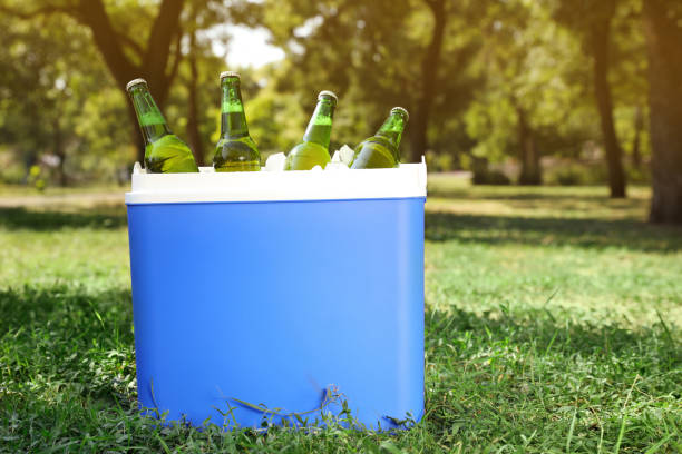 Blue plastic cool box with bottles of beer in park Blue plastic cool box with bottles of beer in park cool box stock pictures, royalty-free photos & images