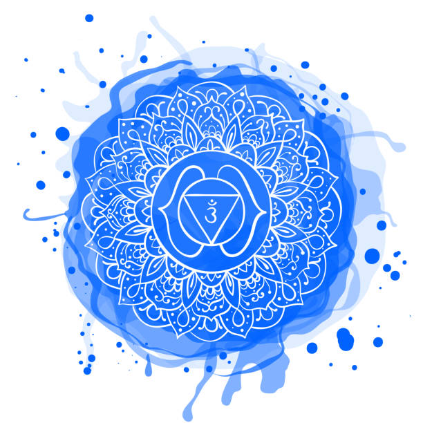 ilustraciones, imágenes clip art, dibujos animados e iconos de stock de chakra ajna. mancha de acuarela. tercer ojo. arte vectorial descuidado dibujado a mano. signo om. círculo azul. meditación - om symbol lotus hinduism symbol