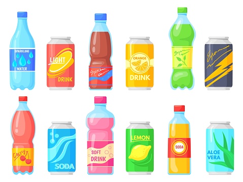 Bottles fizzy drinks. Nonalcoholic drink bottle and can soda beverage, cold pop sprite with orange sweet juice, drinking energy water nonalcohol, cartoon neat vector illustration