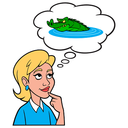 A cartoon illustration of a Girl thinking about the problems with Florida Alligators.