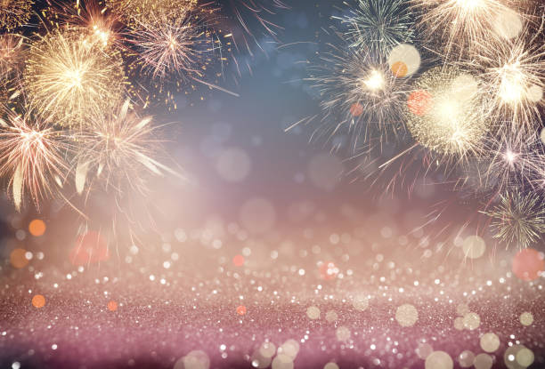 istock Abstract festive background with fireworks, bokeh effect. New Year celebration 1393779742