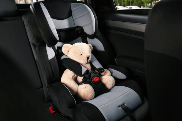 istock Teddy bear in child safety seat inside car 1393779817