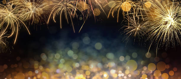 istock Abstract festive background with fireworks, bokeh effect. New Year celebration 1393779859
