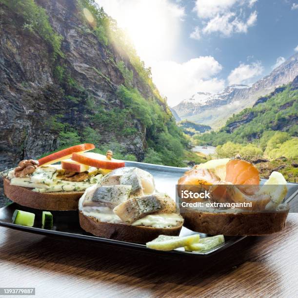 Typical Scandinavian Sandwiches Against Deep Walley Close The Train Journey Flamsbana Between Flam And Myrdal In Aurland In Western Norway Stock Photo - Download Image Now