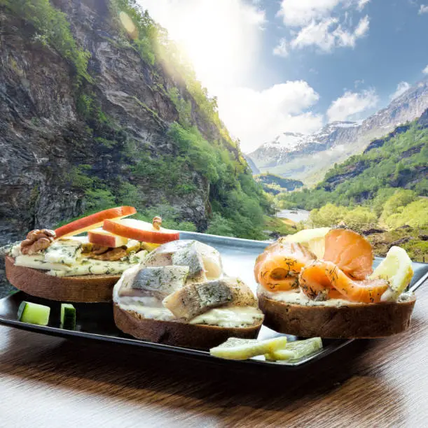 Typical Scandinavian sandwiches against deep walley close the train journey Flamsbana between Flam and Myrdal in Aurland in Western Norway