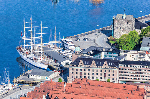 City of Bergen with ships in harbor, Norway, UNESCO World Heritage Site