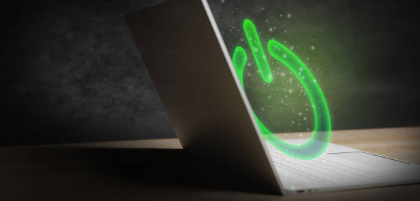 istock Power button glowing hologram laptop 3D Render 1393780602