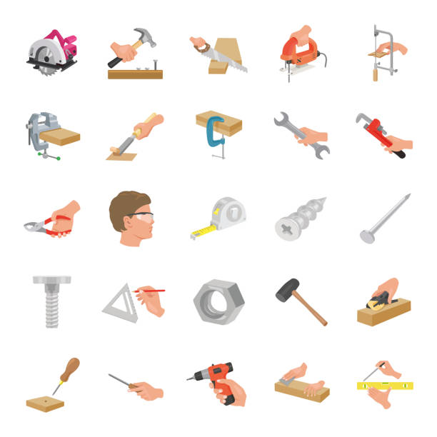ilustraciones, imágenes clip art, dibujos animados e iconos de stock de iconos vectoriales de color de la herramienta de carpenter - work tool chisel wood mallet