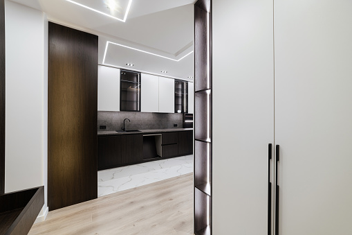 bright interior of the house with a dark kitchen cabinet for things