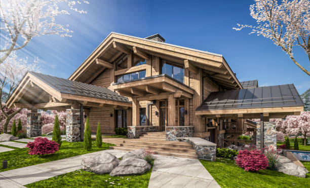 istock 3d rendering of modern cozy chalet in spring day 1393784373