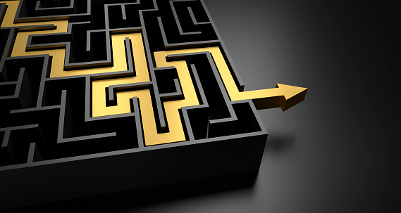 Golden path with golden arrow across dark maze labyrinth - 3D illustration
