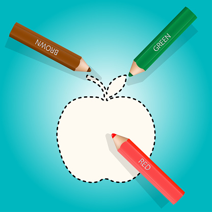 Colorful wooden pencils colorizing a  dotted line apple . Names of colors: brown, green, red. Blue gradient background. Vector illustration