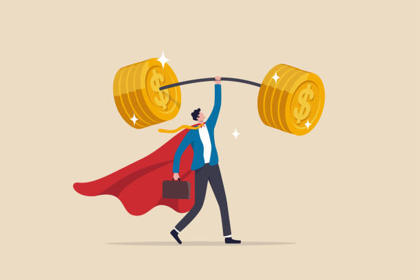 Investment professional or financial literacy, investing expert or wealth manager, effort to earn more money or fund profit concept, confidence businessman superhero lift up heavy money coins weight. Investment professional or financial literacy, investing expert or wealth manager, effort to earn more money or fund profit concept, confidence businessman superhero lift up heavy money coins weight. financial literacy vector stock illustrations