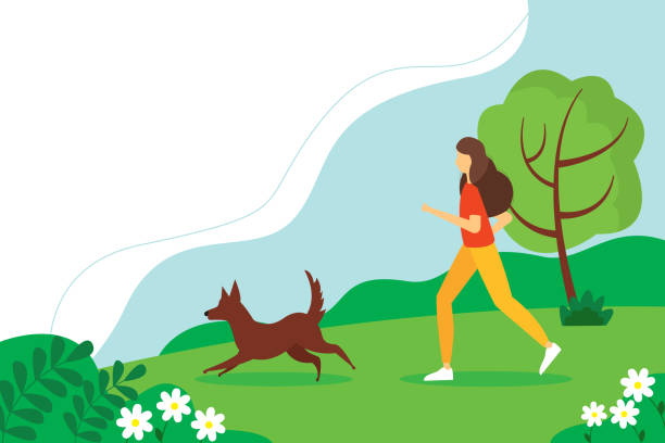 frau läuft mit dem hund im park. das konzept eines aktiven lebensstils. süße sommer-illustration im flachen stil. - inhabit stock-grafiken, -clipart, -cartoons und -symbole