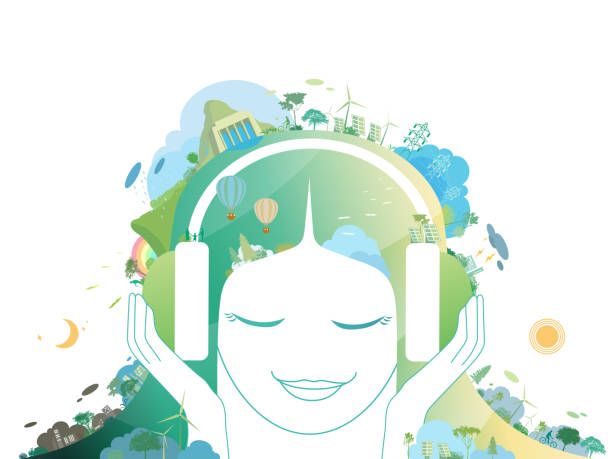 esg i eco przyjazna społeczności z dziewczyną słuchającą dźwięku z natury ilustracja wektorowa grafika eps 10 - environmental conservation audio stock illustrations