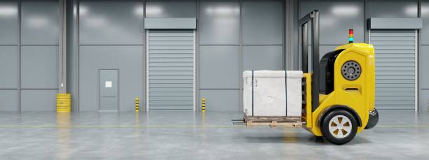 istock Driverless robotics car forklift robot lifting and moving pallets cardboard box to storage room in the factory background. Business industrial and production concept. and a 3D illustration rendering 1393791493