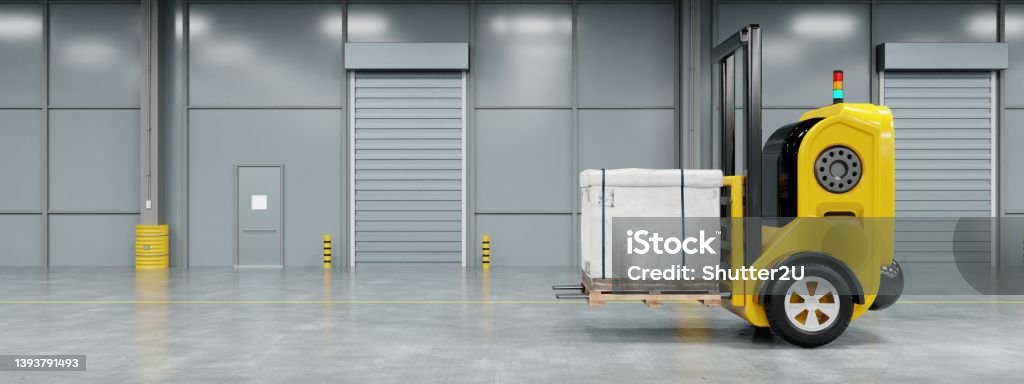 Driverless robotics car forklift robot lifting and moving pallets cardboard box to storage room in the factory background. Business industrial and production concept. and a 3D illustration rendering Forklift Stock Photo