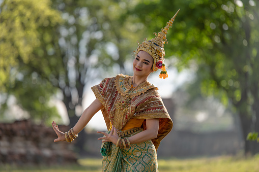 Pantomime (Khon) is traditional Thai classic masked play enacting scenes from the Ramakien (Ramayana) in a public place at Wat Ma Hea Yong, Ayutthaya, Thailand