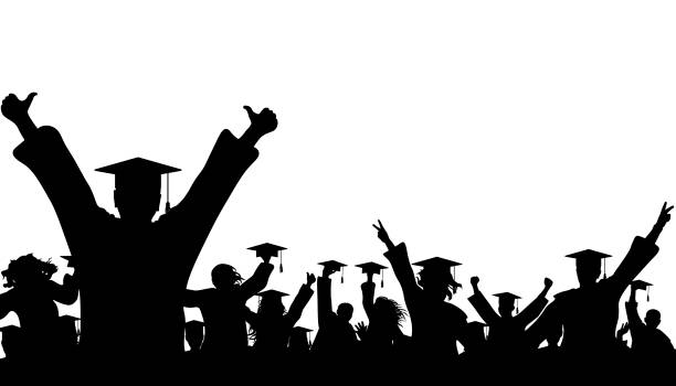 ilustrações de stock, clip art, desenhos animados e ícones de happy graduates in graduation academic caps. cheerful people silhouette. graduation party. vector  illustration. - bar women silhouette child