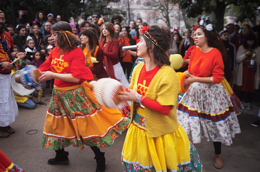 Lisbon, Portugal - February 11, 2018: A brazilian maracatu performs in Lisbon downtown during the Carnival Season.