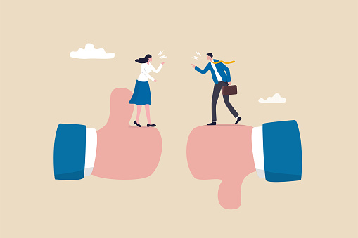 istock Conflict and argument between colleagues, controversy or difference opinion, disagree, confrontation or rivalry fighting concept, businessman and woman furious arguing on difference thumb up and down. 1393794971