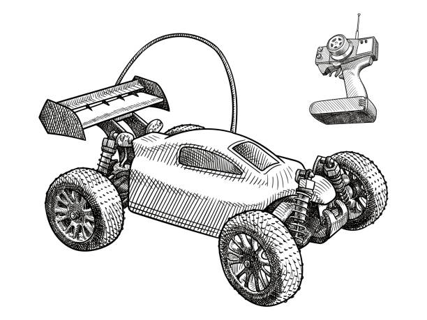 Vector drawing of a radio controlled car and radio remote control Hand drawn illustration of a RC car toy vehicle stock illustrations