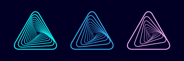 illustrations, cliparts, dessins animés et icônes de ensemble de symboles tourbillonnants abstraits. tunnel filaire torsadé. forme bleue incurvée. technologie des triangles colorés brillants. - triangle pattern sphere blue