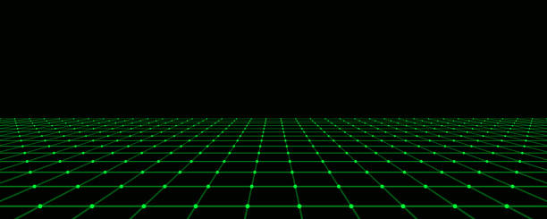 istock Abstract green perspective grid. Digital background in retro style. Cyber landscape on black background. Vector illustration. 1393796922