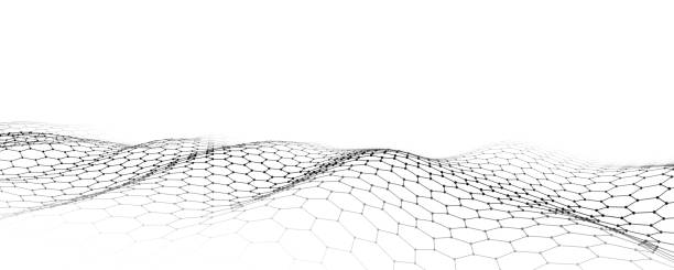 ilustrações de stock, clip art, desenhos animados e ícones de abstract futuristic hexagon wave with moving dots. flow of particles. technology illustration. vector illustration. - abstract science hexagon mesh