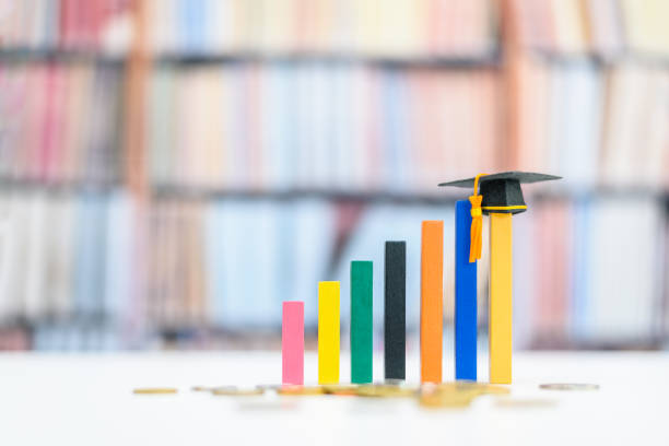 istock Graduate study abroad program for higher degree, education concept : Black graduation cap on increasing colored bar graph. 1393800458
