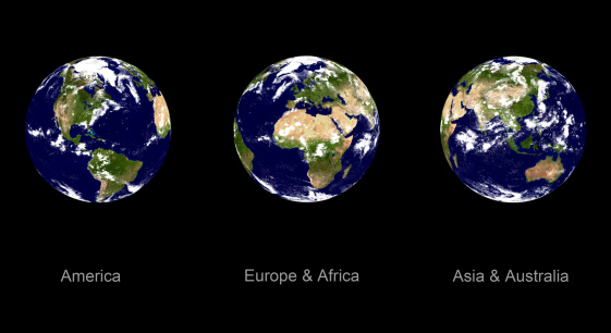 Real looking Earth planet, three different angles. Please note- this globe is accurate and right, like in reality. Computer generated.