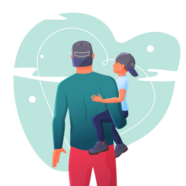 ilustrações, clipart, desenhos animados e ícones de imagem vetorial de um pai segurando seu filho em seus braços. caminhada em família. dia dos pais - junts pel sí